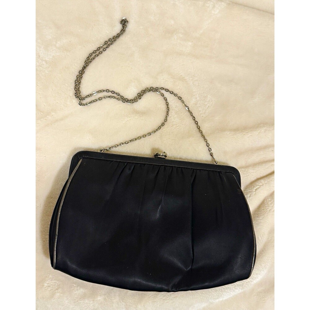 1950s/1960s Mardane Black Satin Evening Bag Rhinestone Clasp Chain Strap